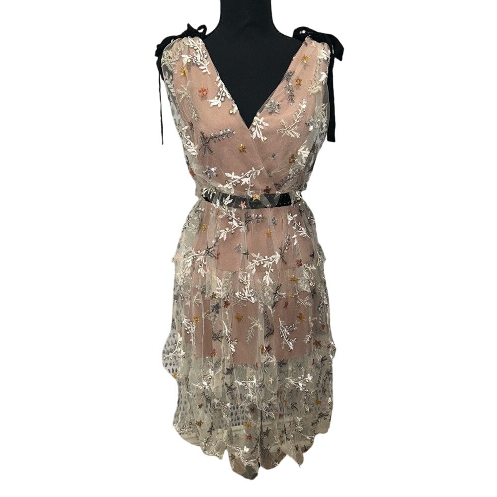 MoonSea Floral Embroidered Tulle Dress,‎ Sleeveless Party Cocktail Dress Size 4